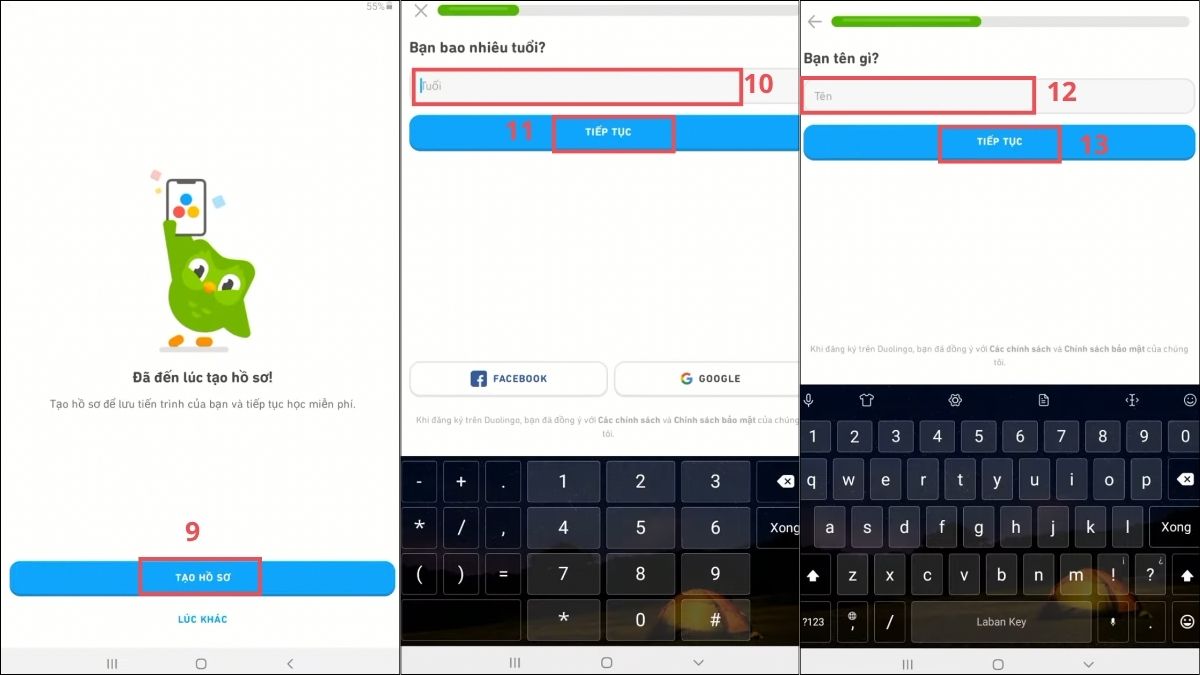 Điền tuổi và tên theo cách tạo hồ sơ trên duolingo trên điện thoại.