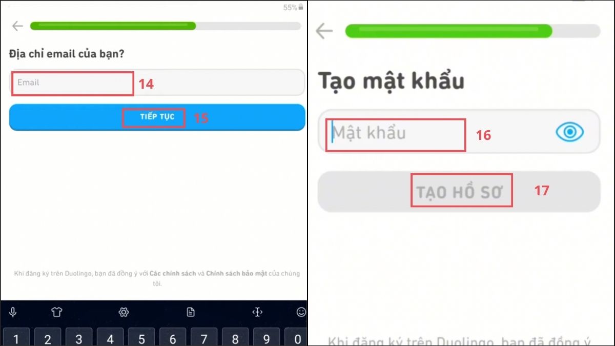 Hoàn tất các bước của cách tạo hồ sơ trên duolingo trên điện thoại.