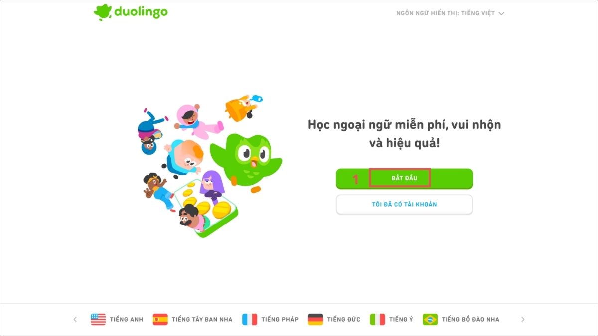 Màn hình trang chủ hướng dẫn cách tạo hồ sơ trên duolingo trên máy tính.