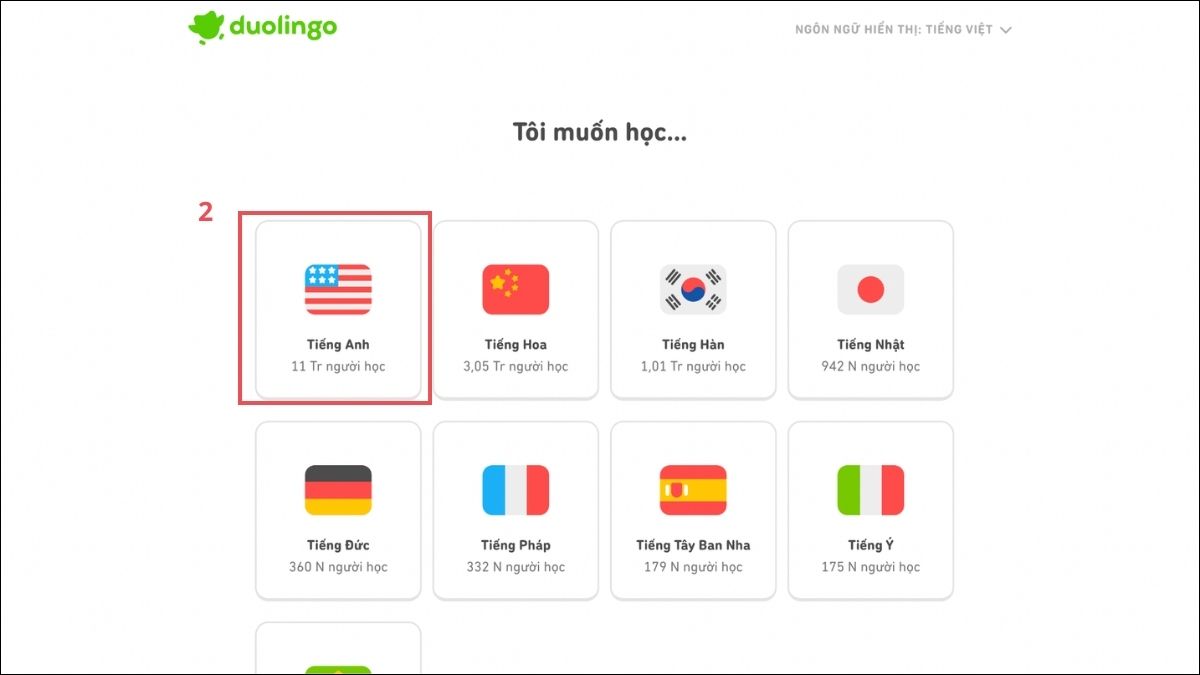 Bước chọn ngôn ngữ học của cách tạo hồ sơ trên duolingo trên máy tính.
