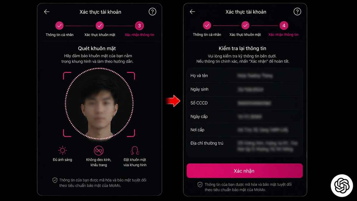 Giao diện quét khuôn mặt eKYC của cách tạo tài khoản momo khi chưa đủ 18 tuổi.