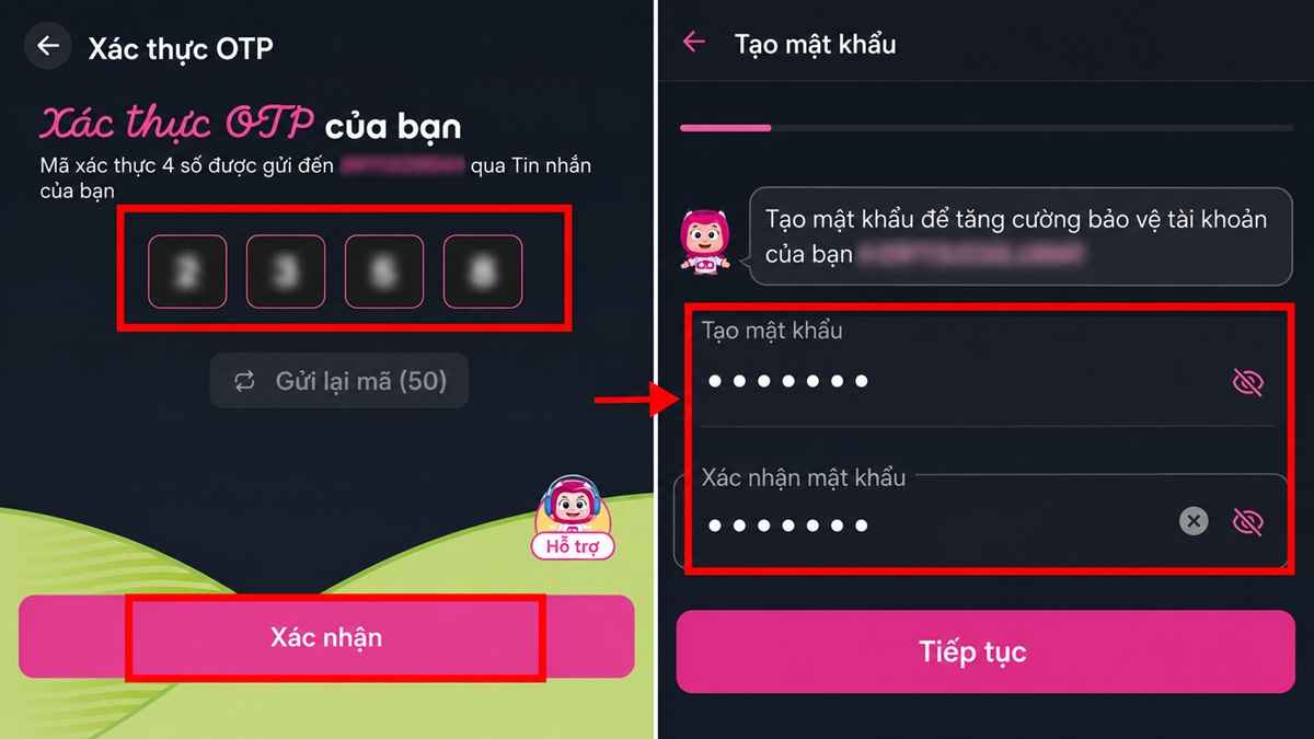 Nhập mã OTP và thiết lập mật khẩu bảo mật khi thực hiện cách tạo tài khoản momo.