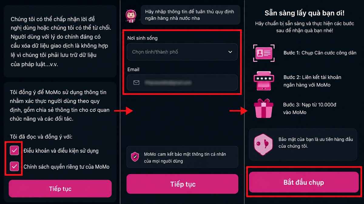 Chấp nhận điều khoản và chuẩn bị chụp CCCD theo hướng dẫn cách tạo tài khoản momo.