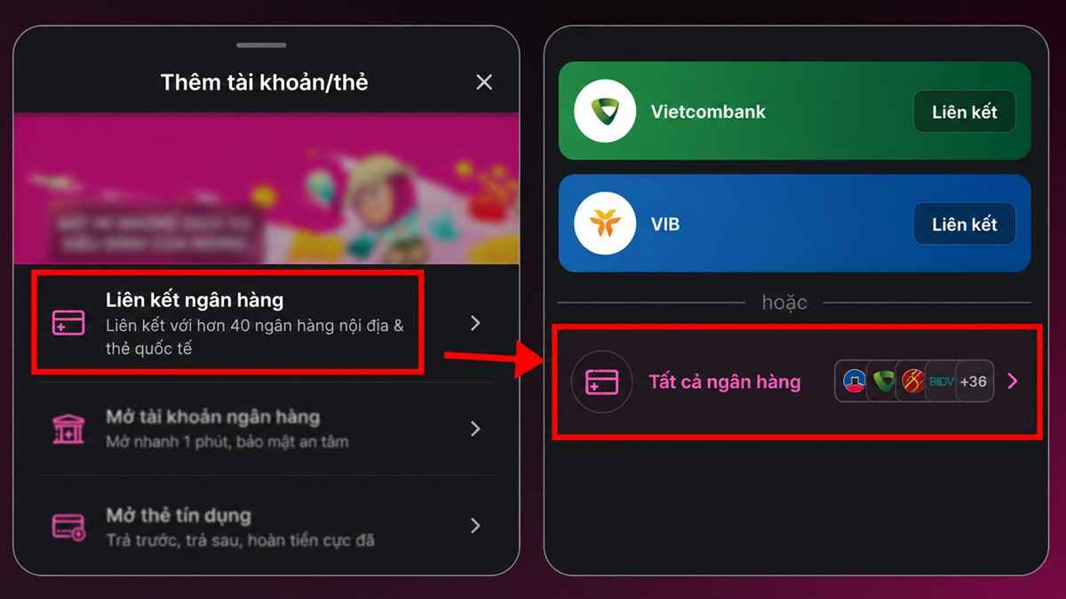 Chọn ngân hàng muốn liên kết thẻ vào ví trong quy trình thực hiện cách tạo tài khoản momo.