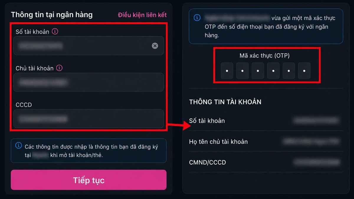 Điền thông tin thẻ và nhập mã OTP ngân hàng khi thực hiện cách tạo tài khoản momo.