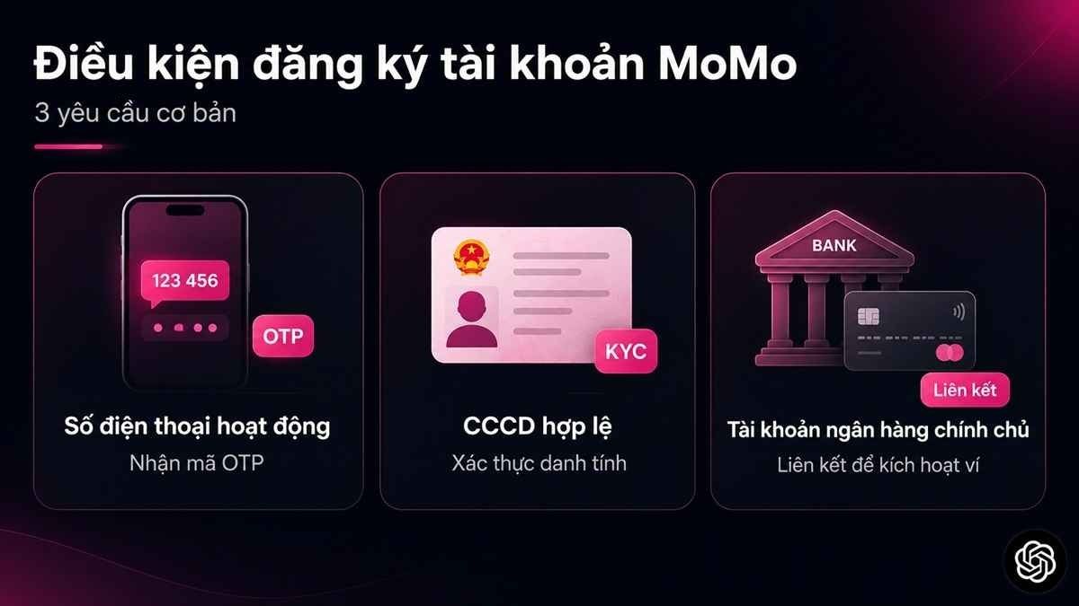 Ba điều kiện cần thiết người dùng phải đáp ứng để hoàn tất cách tạo tài khoản momo.