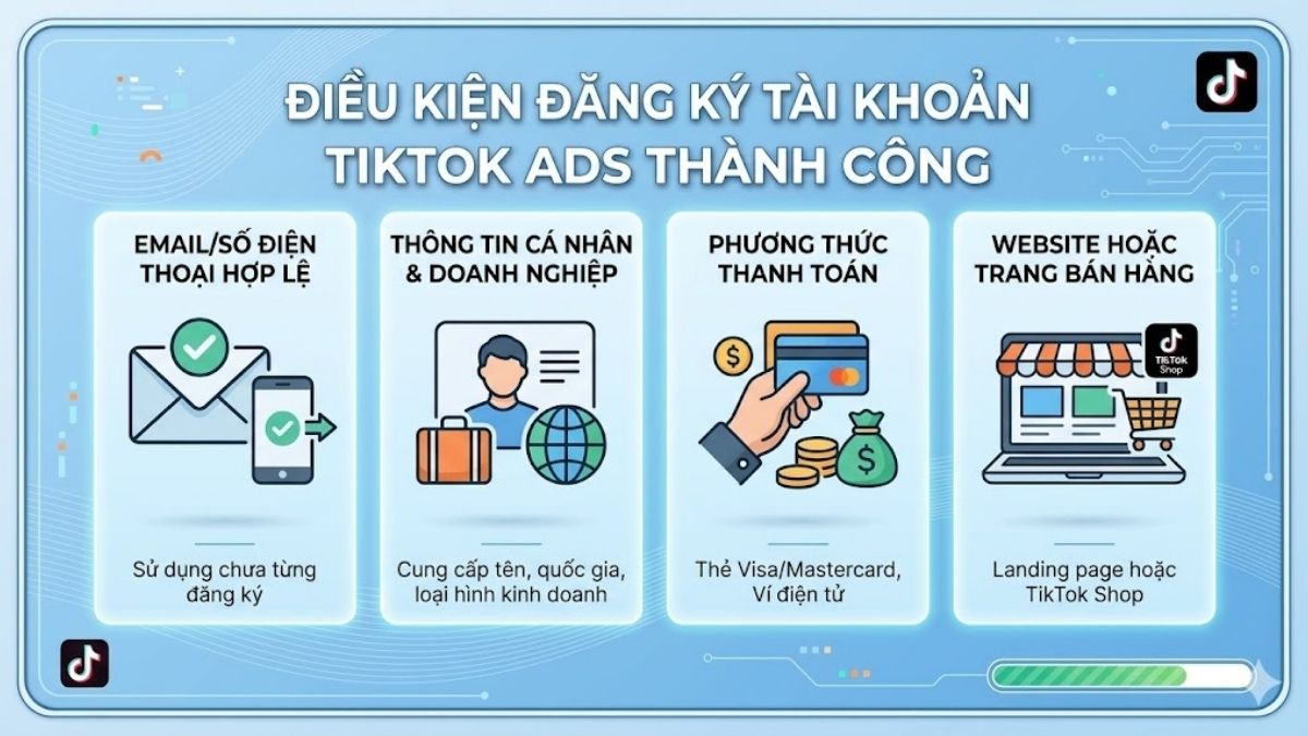 Các điều kiện cần chuẩn bị để cách tạo tài khoản quảng cáo trên tiktok thành công.