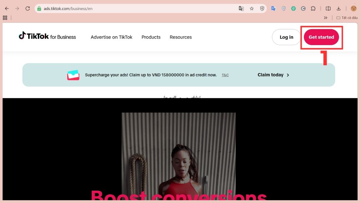 Nhấn Get started tại trang chủ để bắt đầu cách tạo tài khoản ads tiktok.