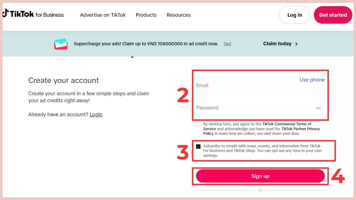 Nhập thông tin đăng ký trong quy trình cách tạo tài khoản quảng cáo tiktok shop.