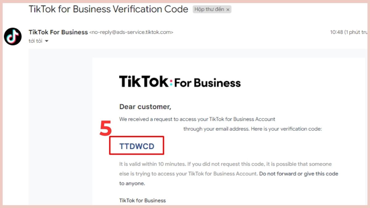 Nhận mã xác nhận qua email để hoàn tất quy trình tạo tài khoản TikTok Ads.