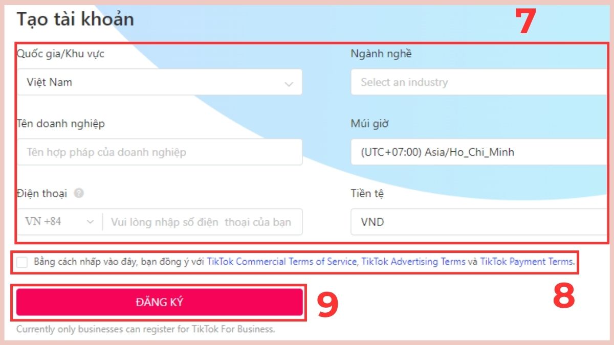 Điền thông tin doanh nghiệp chi tiết trong cách tạo tài khoản quảng cáo tiktok trả sau.