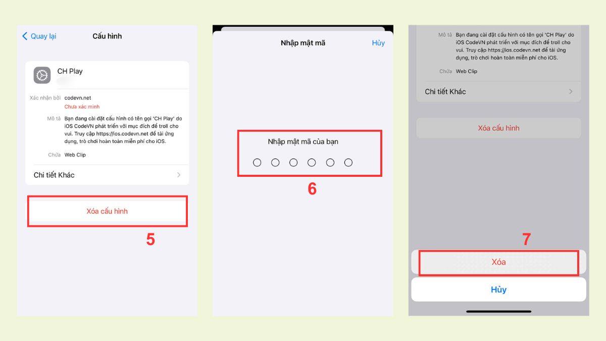 Thực hiện Xóa cấu hình CH Play và nhập mật khẩu để gỡ bỏ CH Play hoàn toàn khỏi thiết bị, đảm bảo bảo mật sau khi thử cách tải chplay cho iphone.