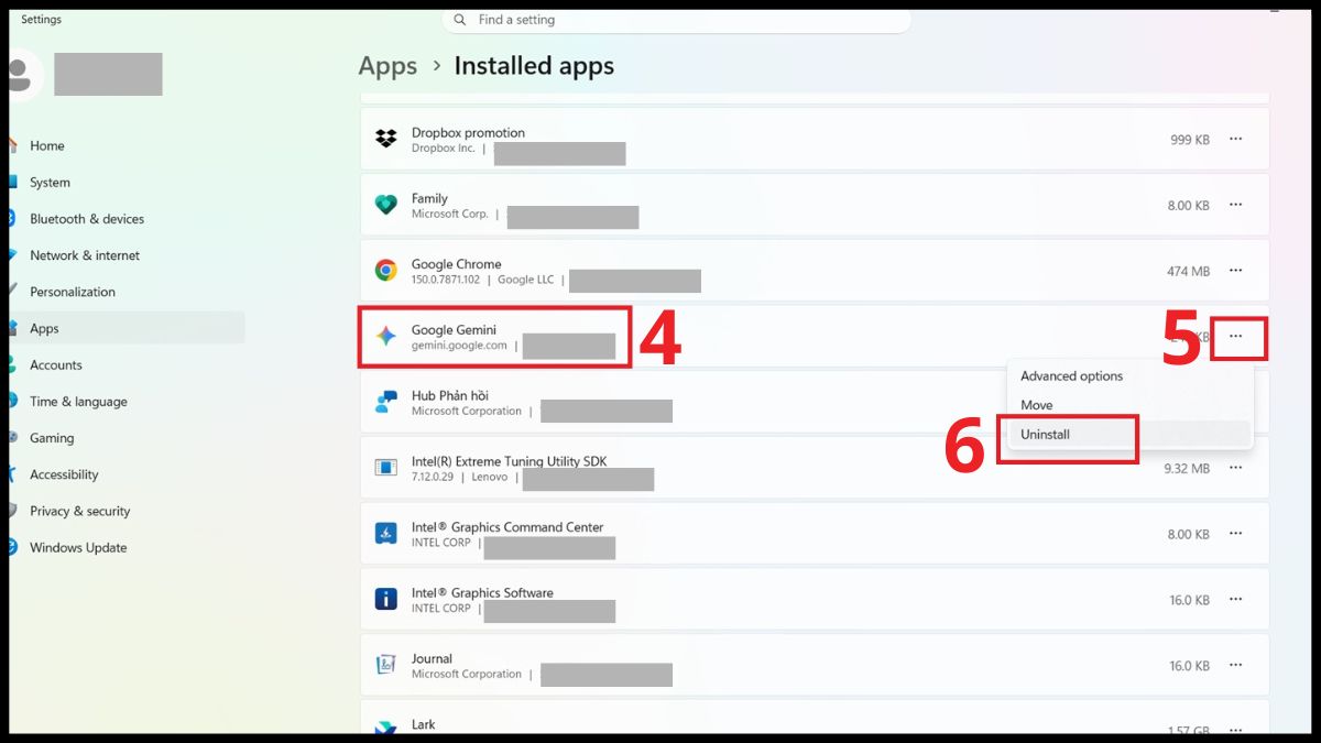 Chọn Uninstall ứng dụng Google Gemini đã hướng dẫn trong cách tải gemini về máy tính.
