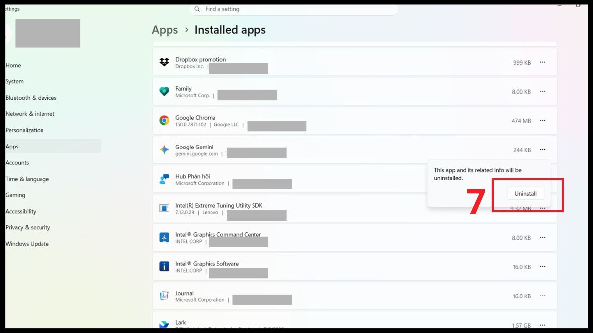 Xác nhận Uninstall gỡ ứng dụng sau khi dùng cách tải gemini về máy tính.