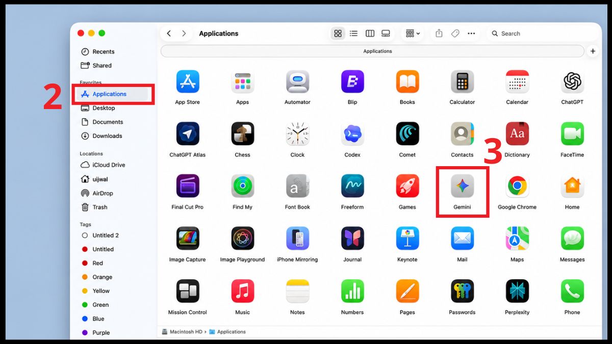 Chọn Gemini trong mục Applications Mac sau khi thực hiện cách tải gemini về máy tính.