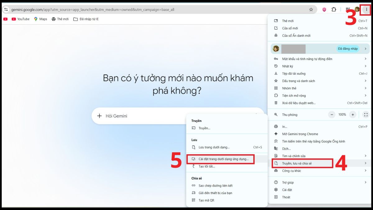 Chọn Cài đặt trang dưới dạng ứng dụng là cách tải gemini về máy tính.
