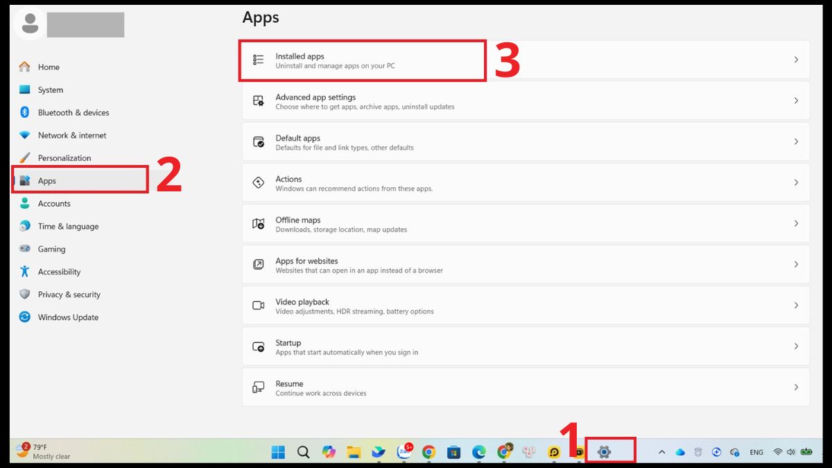Mở Installed apps trong Cài đặt sau khi thực hiện cách tải gemini về máy tính.