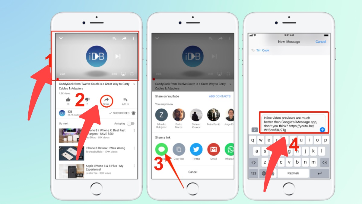 Chia sẻ link video qua tin nhắn là cách tải youtube cho apple watch không cần app.