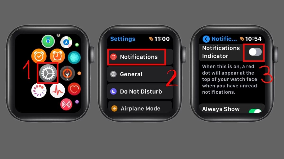 Tắt Notifications Indicator là cách tắt âm thông báo apple watch và ẩn dấu chấm đỏ.