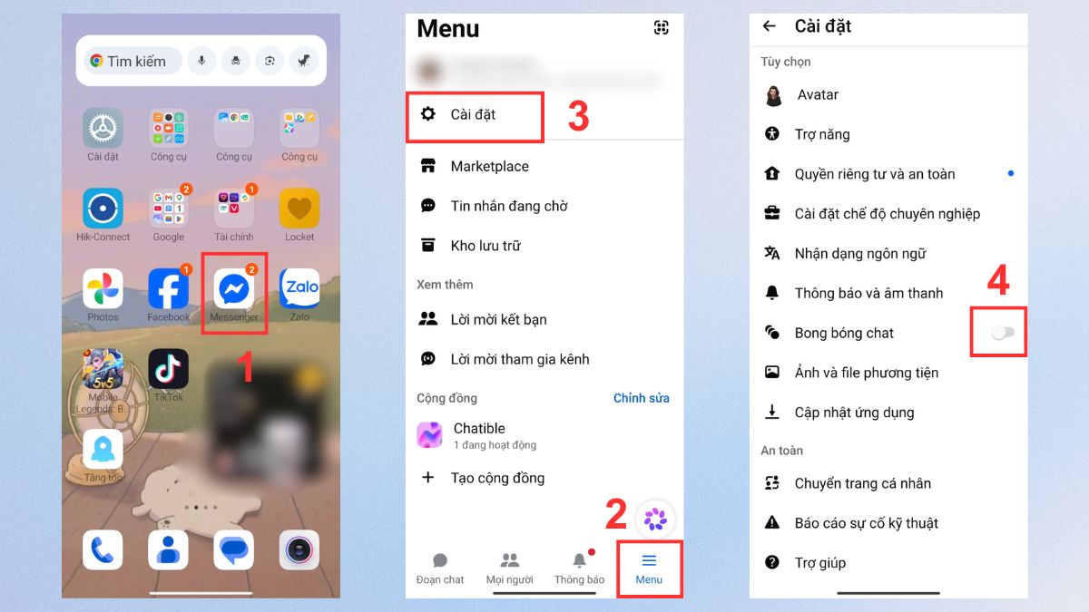 Tắt tính năng trong Cài đặt là cách tắt bong bóng chat messenger trên android.