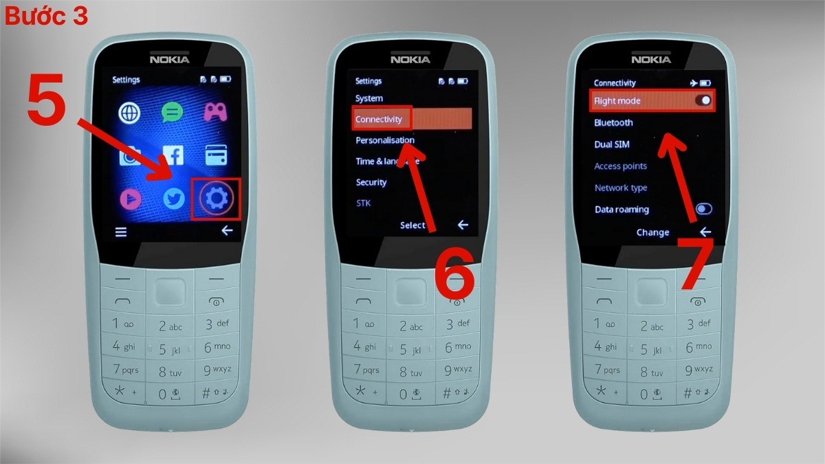 Tắt chế độ Flight Mode trong Menu cài đặt để điện thoại Nokia nhận mạng bình thường.