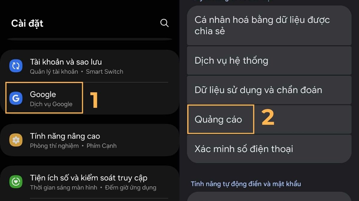 tắt quảng cáo trong Google Play bằng cách vào mục Quảng cáo trong Cài đặt Google