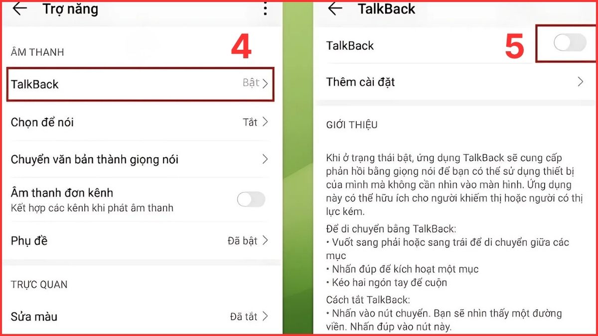bước 3 trong cách tắt quyền trợ năng trên oppo: tắt chức năng TalkBack trong mục Trợ năng