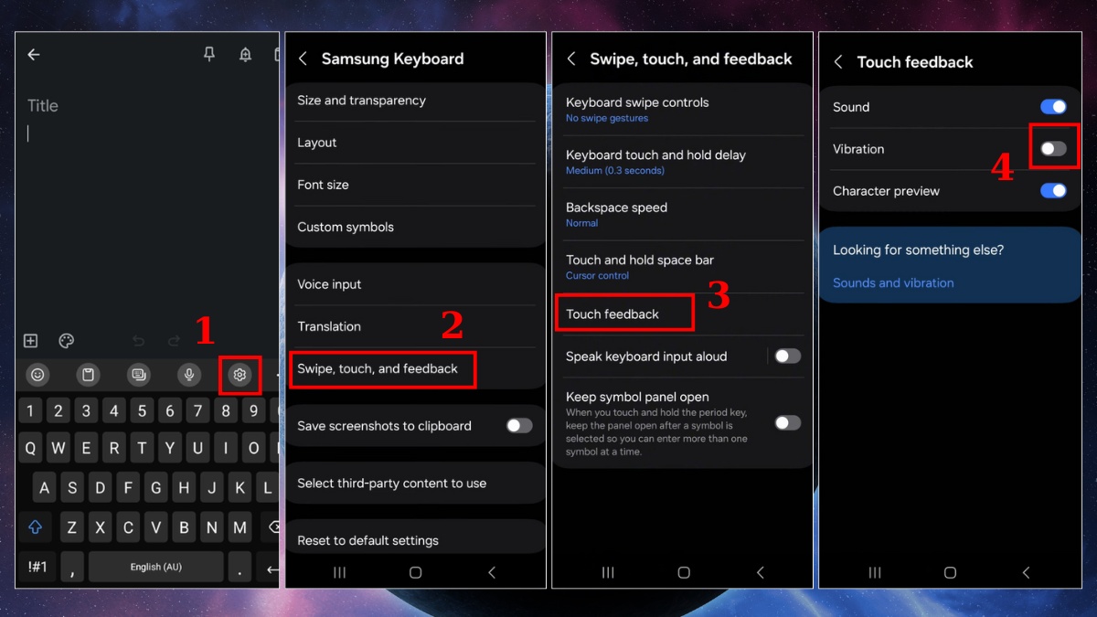 cách tắt chế độ rung bàn phím samsung mặc định trong cài đặt Touch feedback của Samsung Keyboard