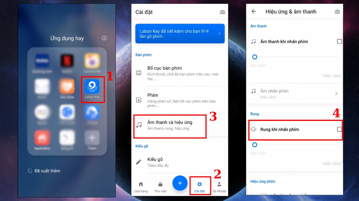 hướng dẫn cách tắt rung bàn phím điện thoại samsung với Laban Key; thiết lập bàn phím không rung