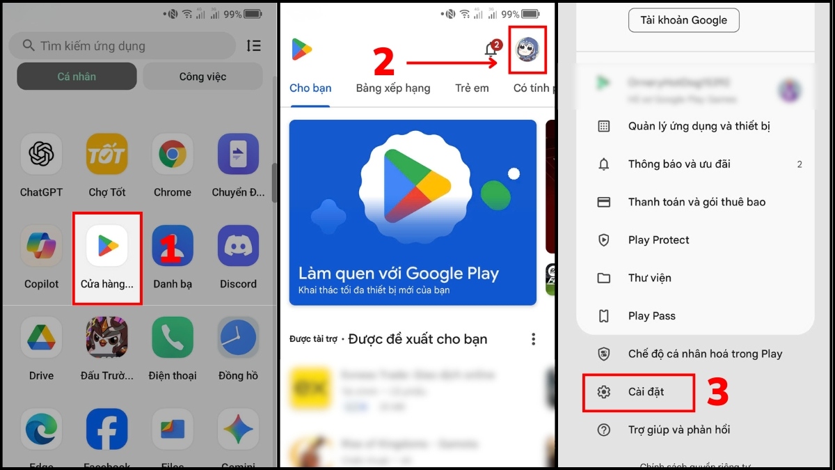 tắt tự động cập nhật ch play bằng cách vào Cài đặt (Settings)