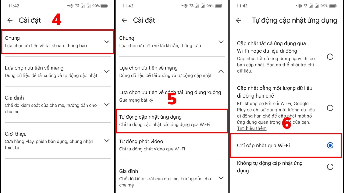 tắt tự cập nhật ch play nên chọn chế độ Chỉ cập nhật qua Wi-Fi