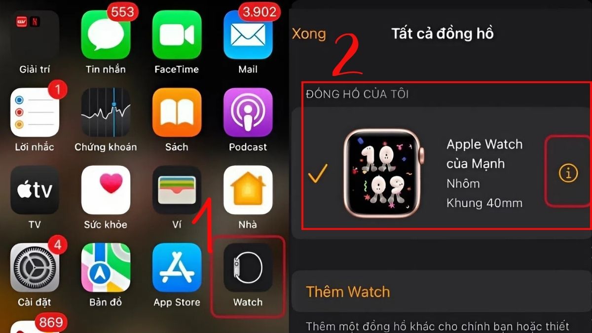 Mở ứng dụng Watch và chọn biểu tượng thông tin để bắt đầu cách thoát icloud trên apple watch.