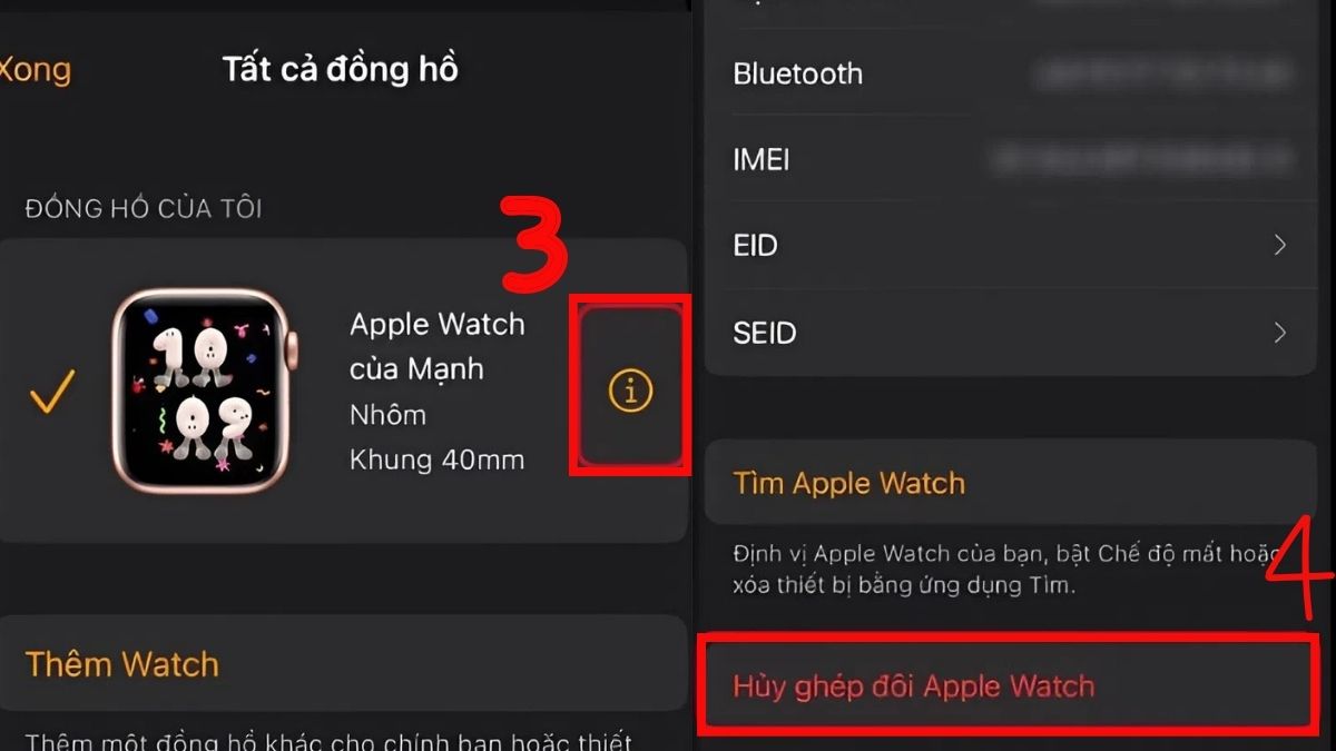 Chọn mục Hủy ghép đôi Apple Watch là một bước trong cách thoát icloud trên apple watch.