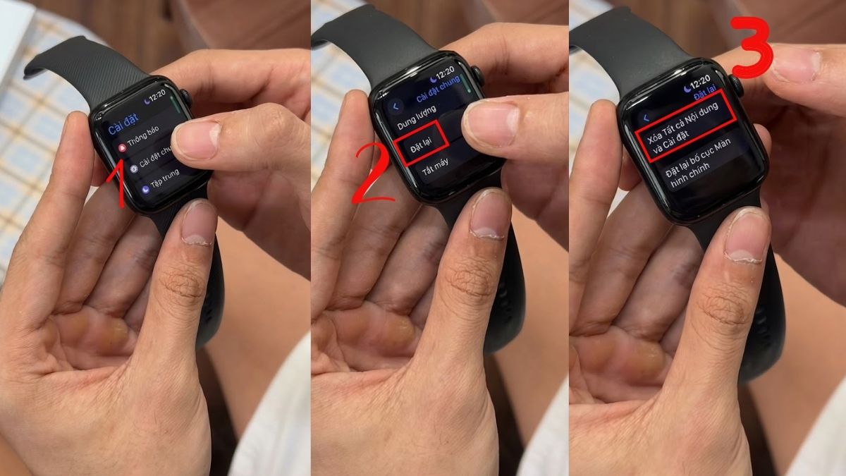 Các bước xóa dữ liệu trực tiếp trên thiết bị để thực hiện cách thoát icloud trên apple watch.