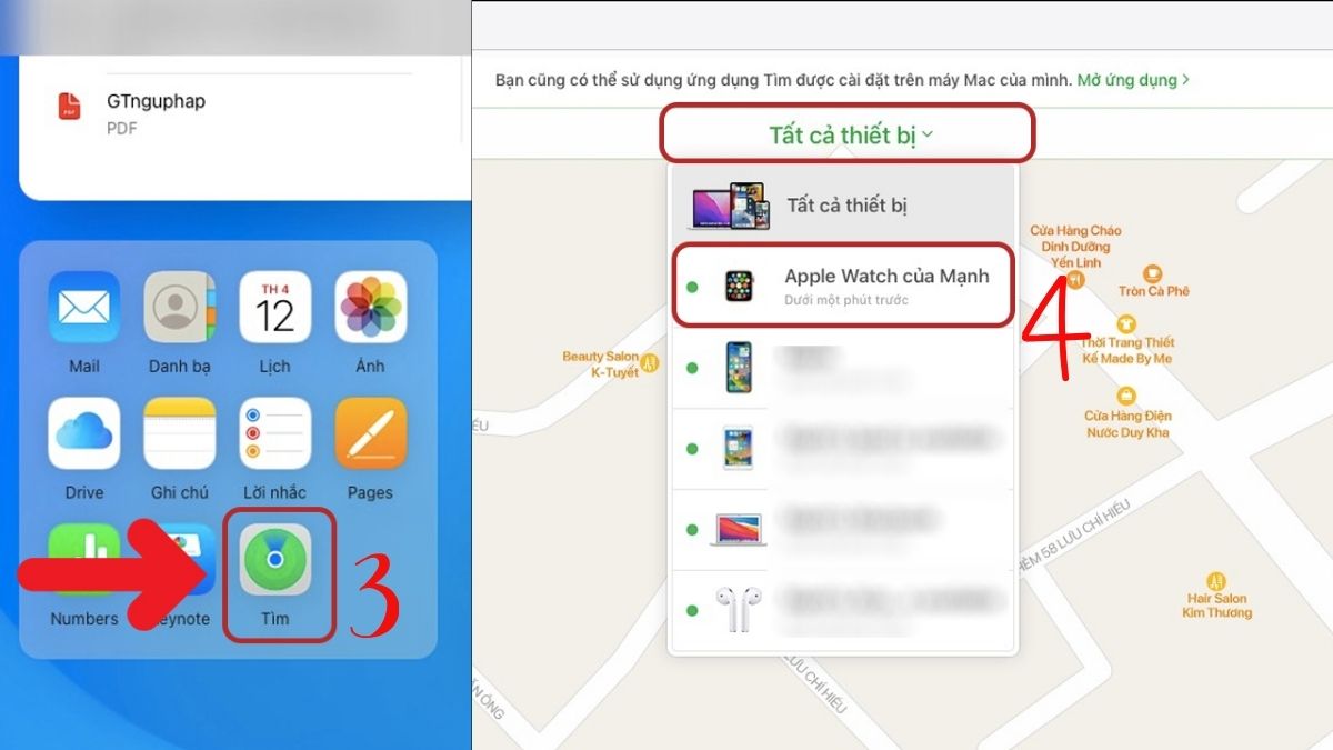 Sử dụng tính năng Tìm để định vị và chọn thiết bị trong cách thoát icloud trên apple watch.