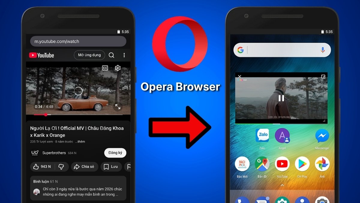 Tính năng Video Popout trên Opera giúp thực hiện vừa nghe youtube vừa lướt web.