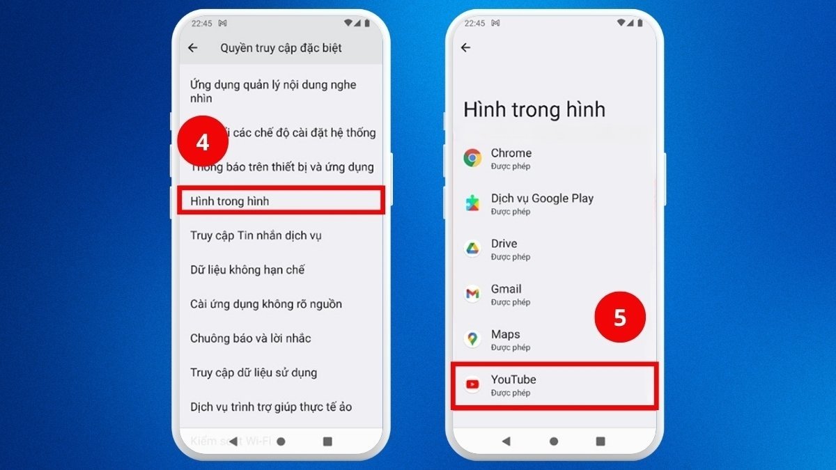 Kích hoạt quyền Hình trong hình cho ứng dụng YouTube trên điện thoại Android.