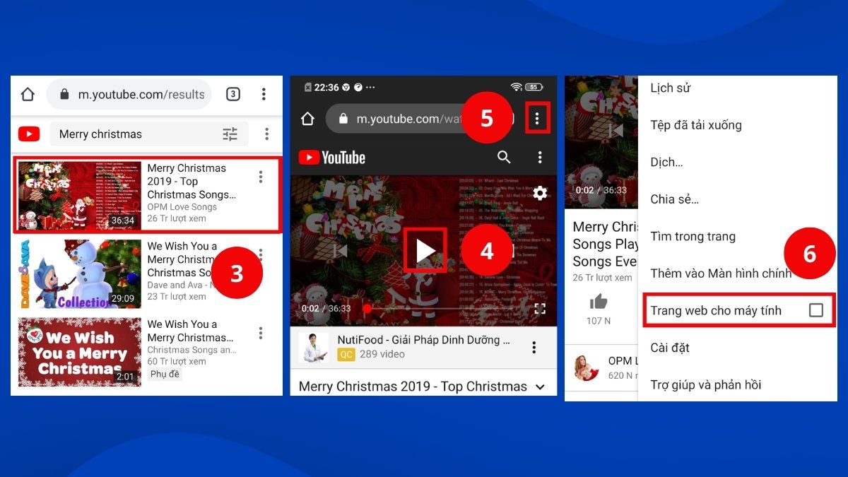 Chuyển sang chế độ Trang web cho máy tính để nghe nhạc youtube tắt màn hình android.
