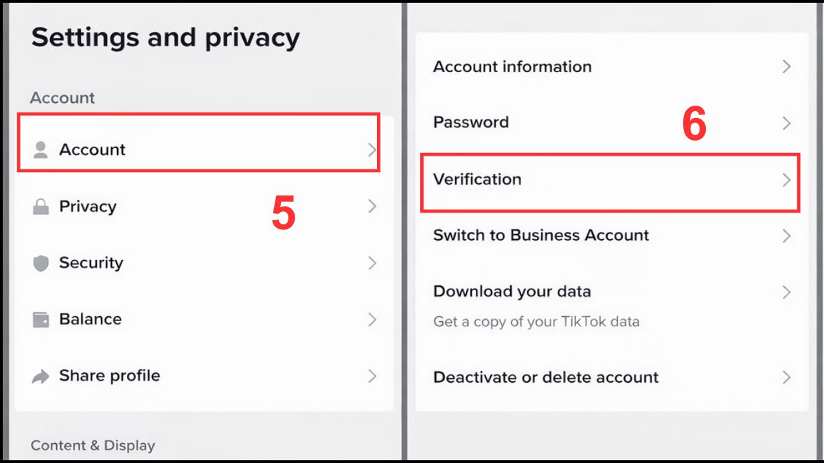 Chọn xác minh trong phần tài khoản để bắt đầu xét duyệt huy hiệu tích xanh TikTok.