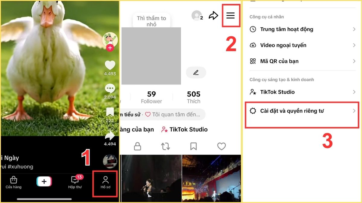 Truy cập cài đặt và quyền riêng tư để thực hiện cách xác minh tài khoản TikTok.