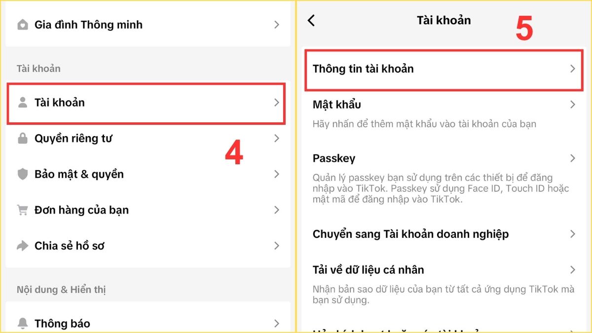 Vào mục thông tin tài khoản trong quy trình hướng dẫn cách xác minh tài khoản TikTok.