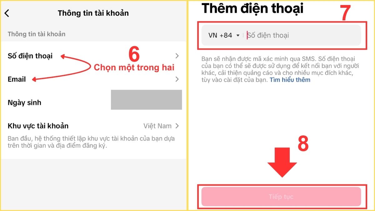 Chọn số điện thoại hoặc email trong cách xác minh tài khoản TikTok cơ bản.