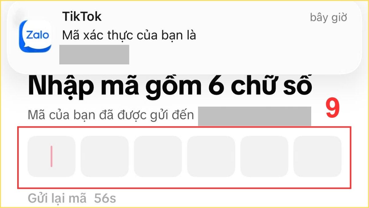 Nhập mã xác minh TikTok gửi về điện thoại để hoàn tất liên kết thông tin.