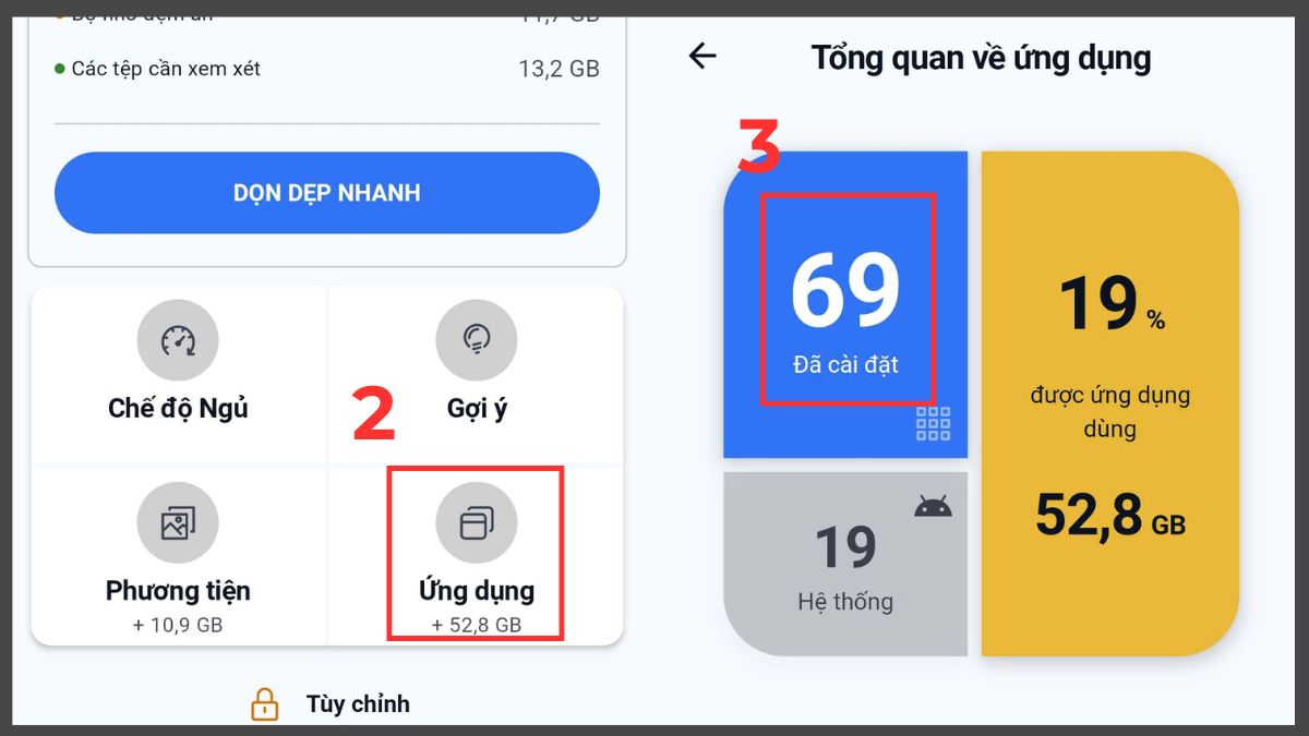 cách xoá ứng dụng trên điện thoại samsung bằng công cụ, chọn Ứng dụng trong phần Tổng quan về ứng dụng