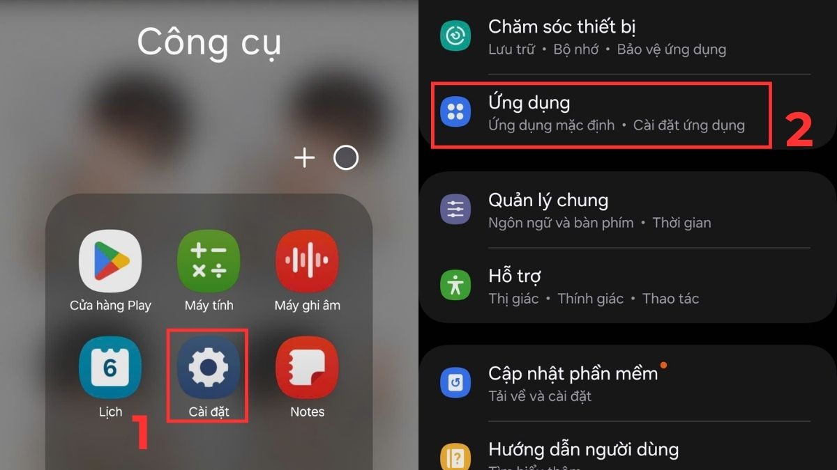 cách xoá ứng dụng trên điện thoại samsung từ mục Cài đặt, chọn Ứng dụng để quản lý và gỡ bỏ app android