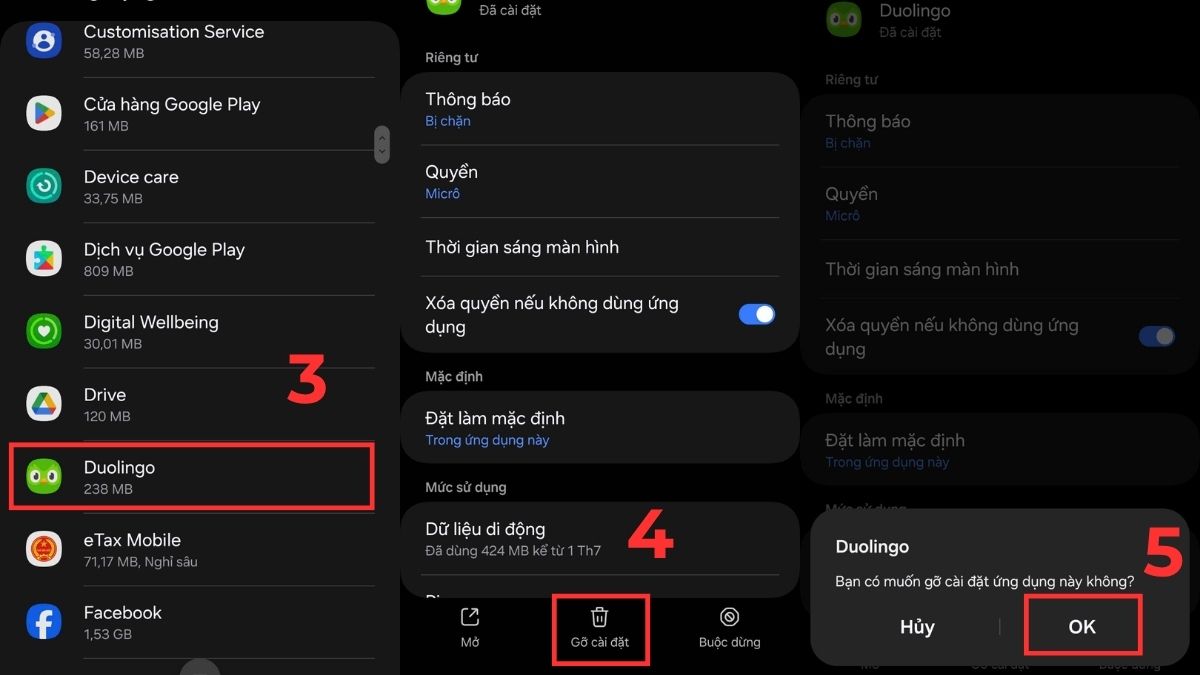 cách xoá ứng dụng trên điện thoại samsung chi tiết, gỡ cài đặt ứng dụng Duolingo trong Cài đặt