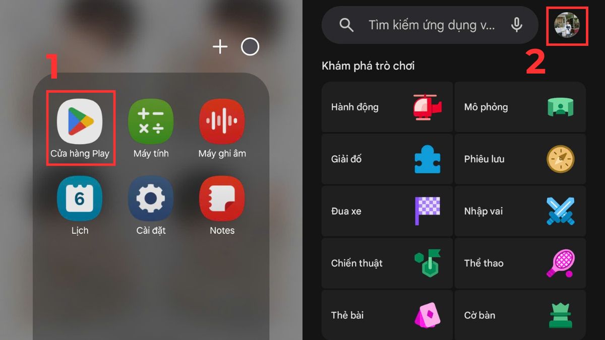 cách xoá ứng dụng trên điện thoại samsung bằng Google Play, truy cập ảnh đại diện tài khoản CH Play