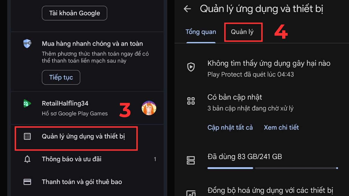 cách xoá ứng dụng trên điện thoại samsung bằng CH Play, chọn Quản lý để gỡ bỏ ứng dụng
