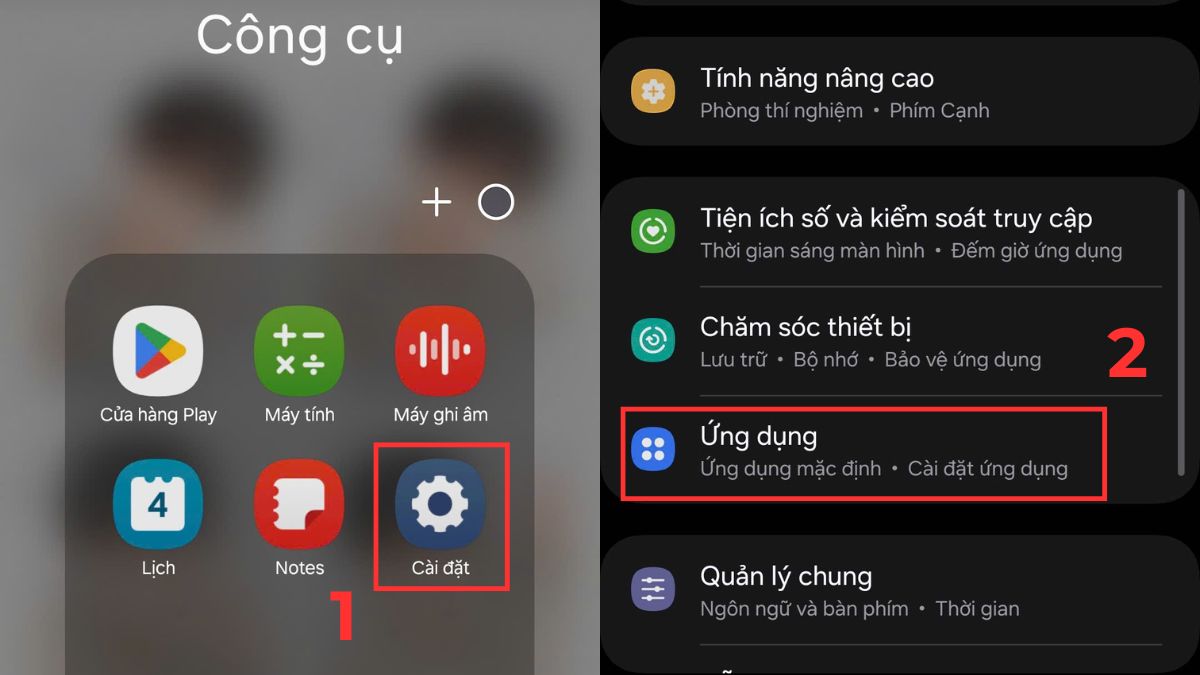 cách xoá ứng dụng trên điện thoại samsung từ cài đặt, bước vào mục Ứng dụng để gỡ cài đặt phần mềm