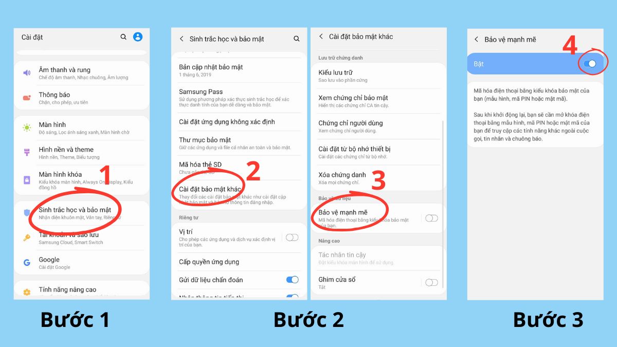 Thiết lập bảo mật khi thực hiện cách xóa tất cả dữ liệu trên điện thoại Samsung.